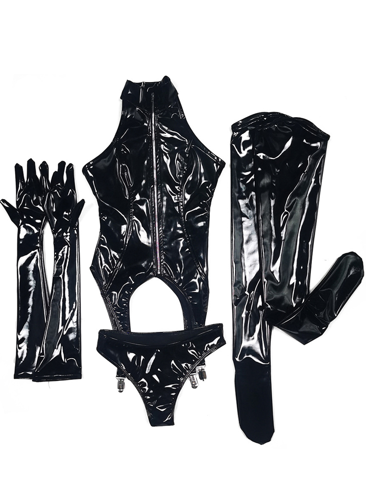 4 pz/set Wet Look PVC Catsuit  - Garter Belt Set recensione e prezzo